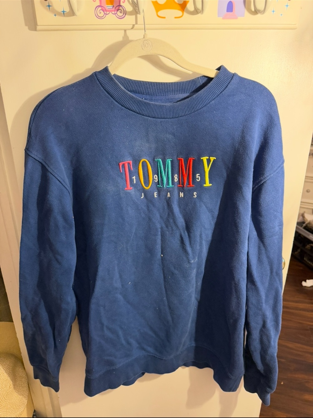 Tommy Hilfiger Blue Crewneck Sweatshirt with Multicolor Embroidered Logo